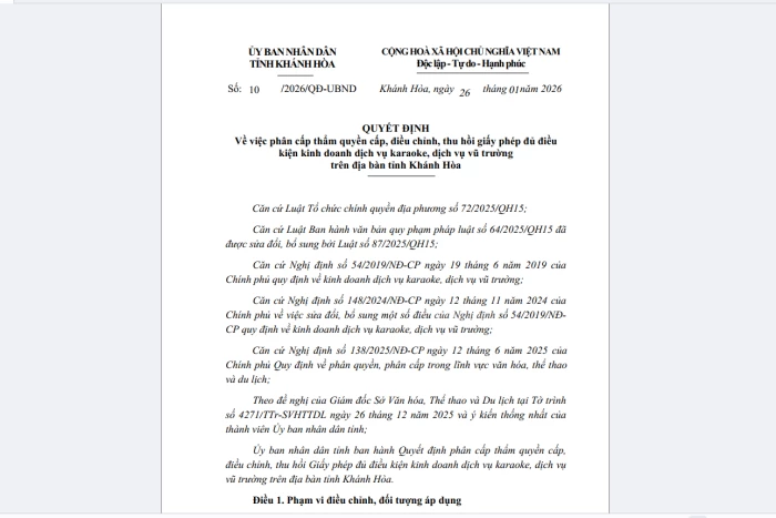 Phân cấp thẩm quyền cấp, điều chỉnh, thu hồi giấy phép kinh doanh dịch vụ karaoke, vũ trường