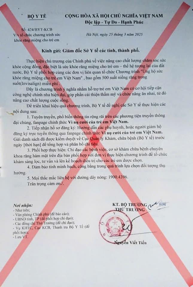 Cảnh báo giả mạo công văn Bộ Y tế về chương trình chăm sóc răng miệng trẻ em