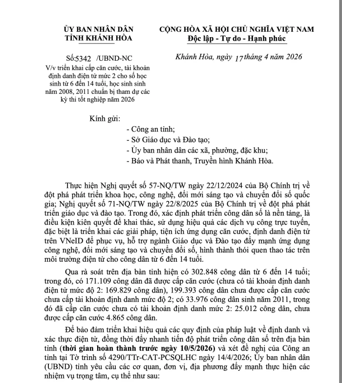 Triển khai cấp căn cước, tài khoản định danh điện tử mức 2 cho học sinh