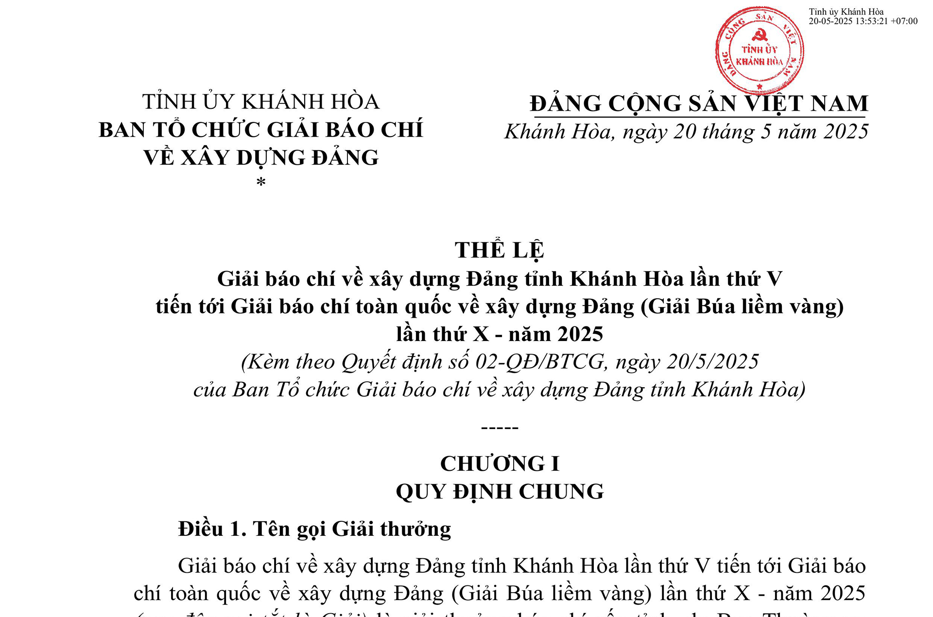 Thể lệ Giải báo chí về xây dựng Đảng tỉnh Khánh Hòa lần thứ V - năm 2025