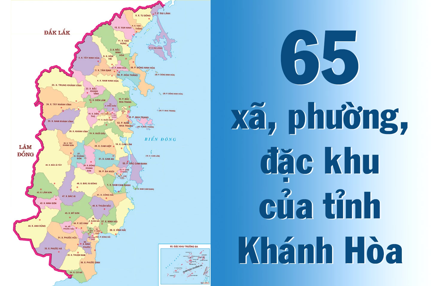 65 xã, phường, đặc khu của tỉnh Khánh Hòa