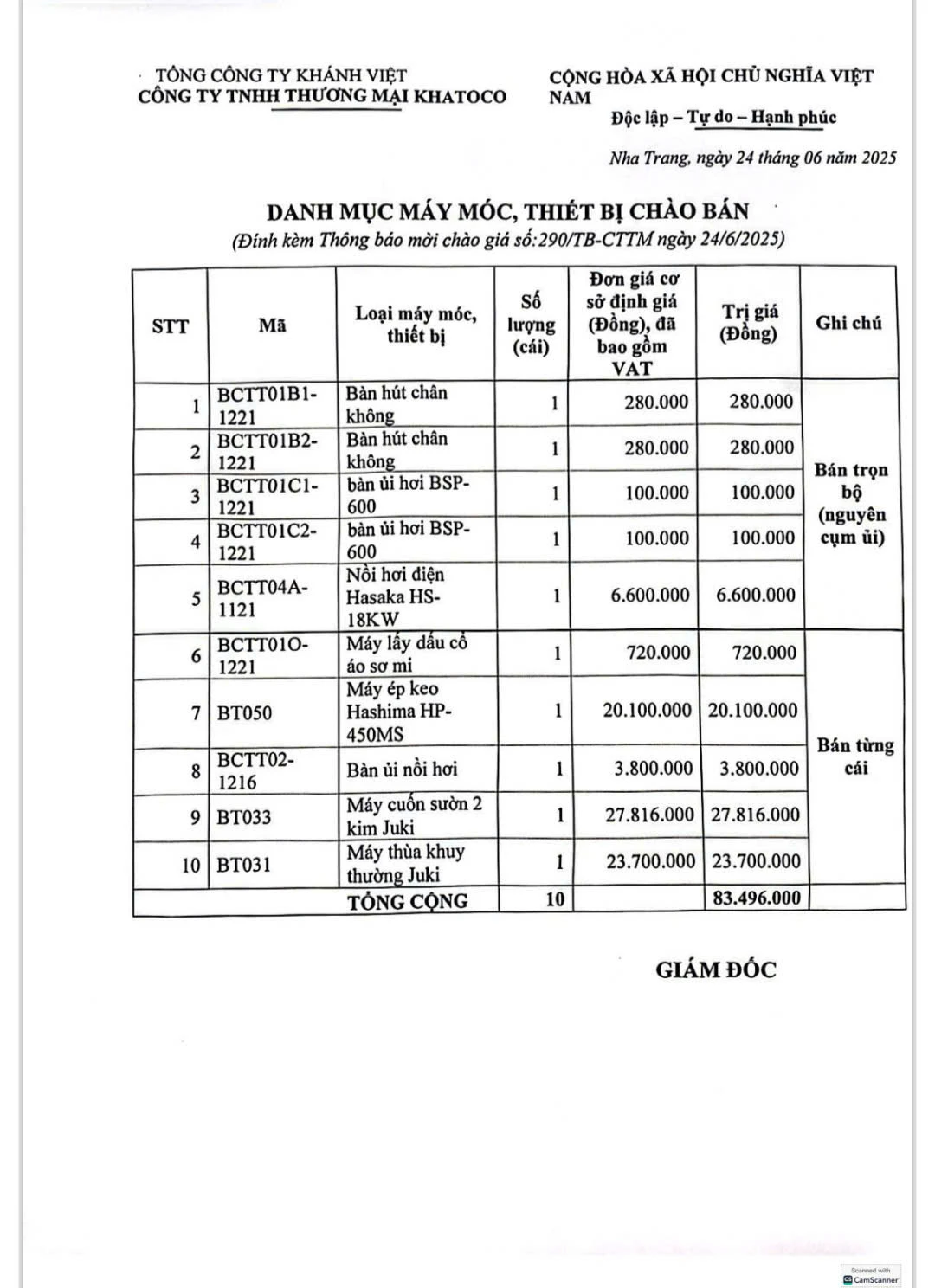 Công ty TNHH Thương mại Khatoco thông báo mời chào giá