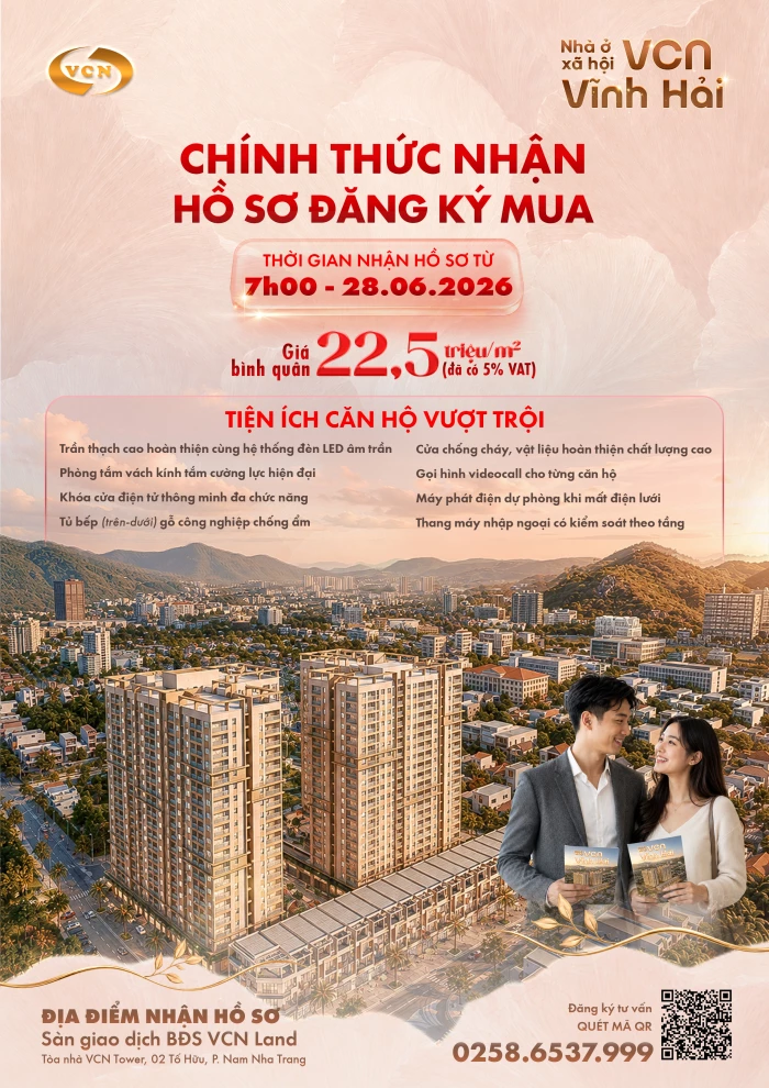 Thông báo chính thức tiếp nhận hồ sơ mua Nhà ở xã hội VCN Vĩnh Hải từ 7giờ ngày 28-6-2026