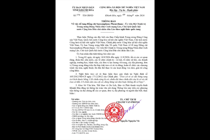 Thông báo của UBND tỉnh Khánh Hòa về việc để tang đồng chí Saysomphone Phomvihane