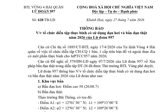 Thông báo về việc tổ chức diễn tập thực binh có sử dụng đạn hơi và bắn đạn thật năm 2026 của Lữ đoàn 957