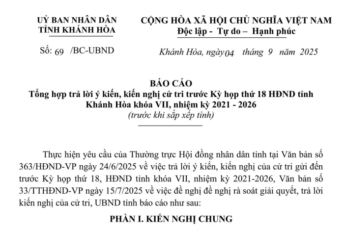 Báo cáo tổng hợp trả lời ý kiến cử tri trước Kỳ họp thứ 18 HĐND tỉnh Khánh Hòa khóa VII, nhiệm kỳ 2021 - 2026 (trước khi sắp xếp tỉnh)