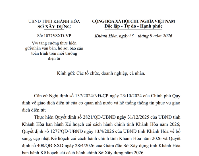 Sở Xây dựng tăng cường thực hiện gửi/nhận văn bản trên môi trường điện tử