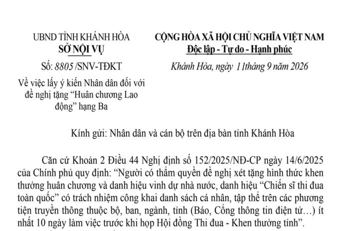Lấy ý kiến Nhân dân đối với đề nghị tặng “Huân chương Lao động” hạng Ba