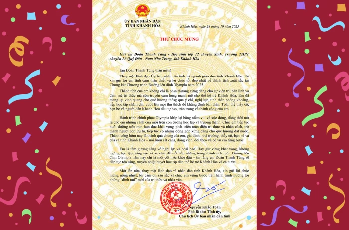 Chủ tịch UBND tỉnh Khánh Hòa gửi thư chúc mừng Á quân Đường lên đỉnh Olympia 2025 Đoàn Thanh Tùng