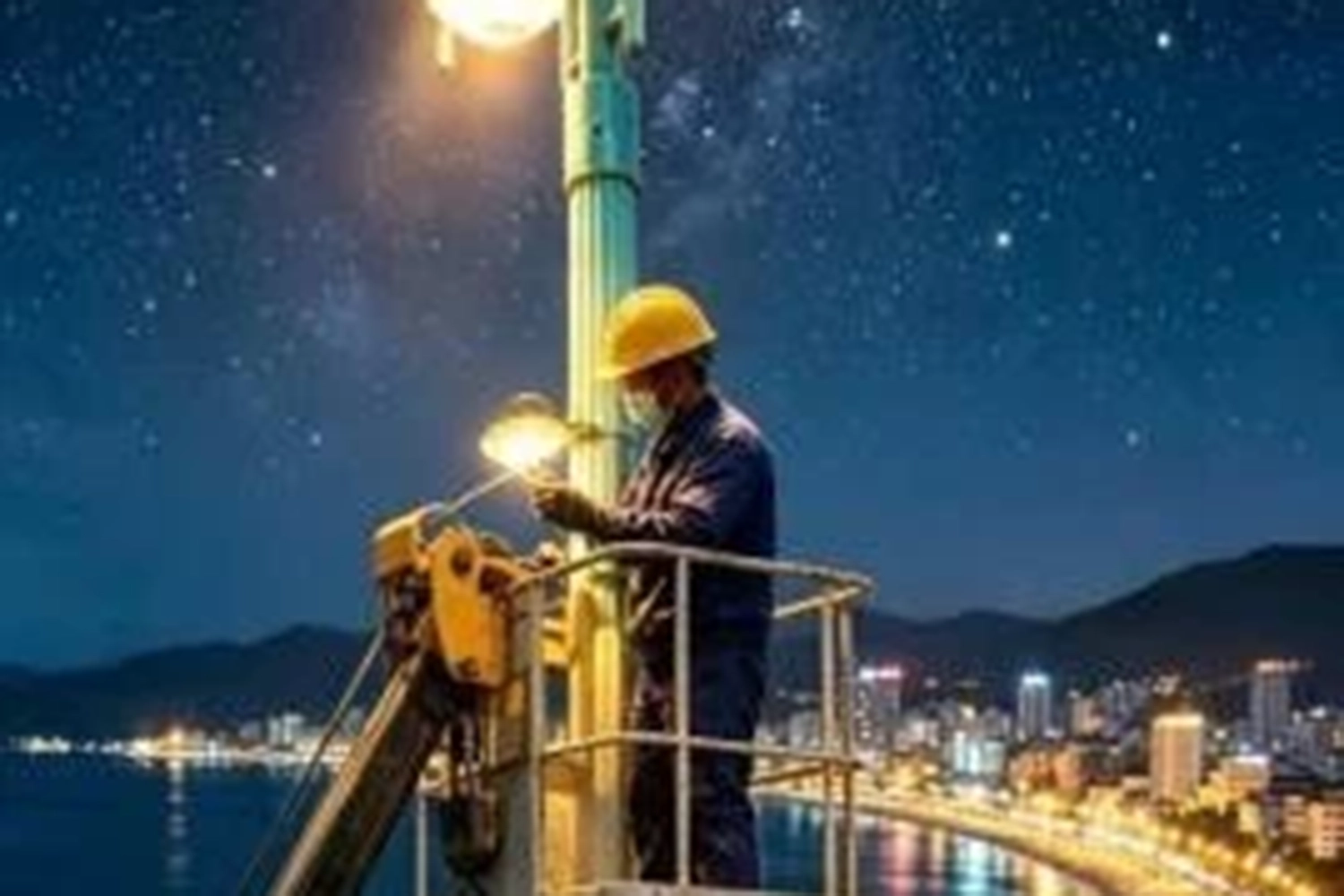 Những người thợ điện vẽ ánh sáng cho phố biển