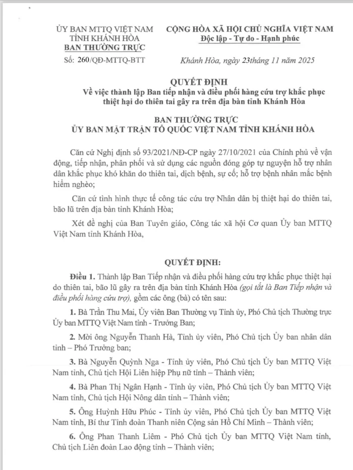 Thành lập Ban tiếp nhận và điều phối hàng cứu trợ khắc phục thiệt hại do thiên tai trên địa bàn tỉnh Khánh Hòa
