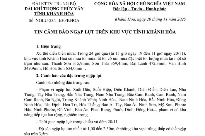 Tin cảnh báo ngập lụt trên khu vực tỉnh Khánh Hòa (tin phát lúc 11h30 ngày 20-11)