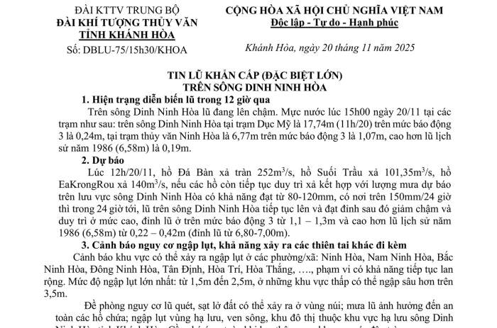 Tin lũ khẩn cấp (đặc biệt lớn) trên sông Dinh Ninh Hòa (tin phát lúc 15h30 ngày 20-11)