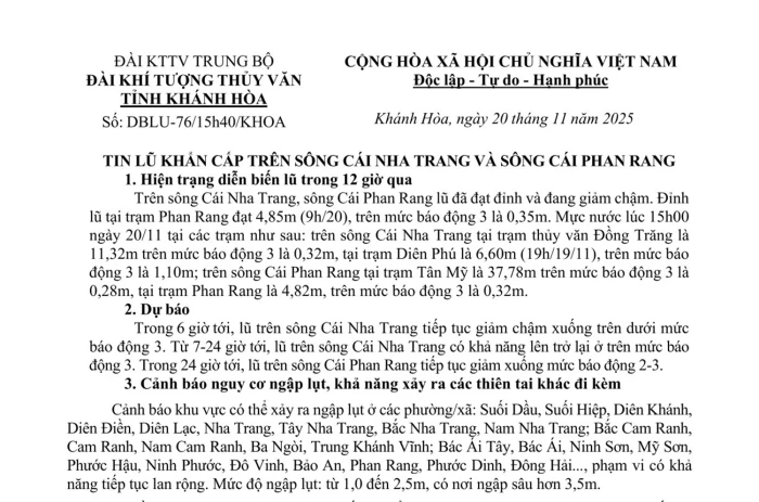 Tin lũ khẩn cấp trên sông Cái Nha Trang và sông Cái Phan Rang (Tin phát lúc 15h30 ngày 20-11)