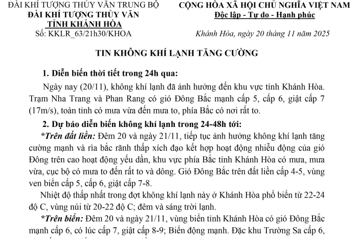 Tin không khí lạnh tăng cường (tin phát lúc 21h30 ngày 20-10)