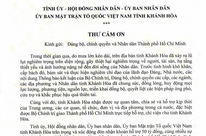 Thư cảm ơn Đảng bộ, chính quyền và Nhân dân TP. Hồ Chí Minh