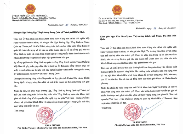 Chủ tịch UBND tỉnh Trần Phong gửi thư cảm ơn Tổng Lãnh sự Trung Quốc và Thị trưởng TP. Ulsan - Hàn Quốc