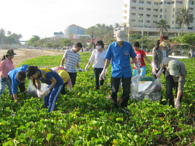 Đoàn viên, thanh niên Trường Đại học Nha Trang ra quân vệ sinh môi trường bờ biển.