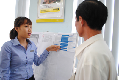 Nhân viên BIDV Khánh Hòa giới thiệu với khách hàng về quy trình, thủ tục vay vốn hỗ trợ nhà ở.
