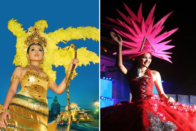 Hoa hậu Mai Phương Thúy (trái) trong trang phục nữ thần Mặt trời và hoa hậu đẹp nhất châu Á Hương Giang lộng lẫy trong lễ hội Carnaval