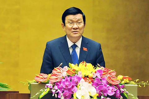 Chủ tịch nước Trương Tấn Sang trình bày Báo cáo công tác nhiệm kỳ 2011-2016 của Chủ tịch nước. Ảnh: VGP/Nhật Bắc