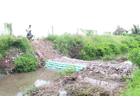 Người nuôi trồng thủy sản ở Tân Quý đắp đập tạm để chặn dòng nước ô nhiễm phân heo.