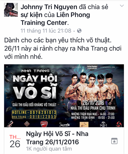 Một hình ảnh quảng bá về sự kiện Ngày hội võ sĩ - Nha Trang trên trang facebook cá nhân