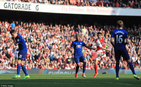 Xhaka bất ngờ mở tỷ số cho Arsenal ở phút 54 với pha sút xa đưa bóng chạm người Herrera trước khi làm tung lưới De Gea. (Ảnh: Getty). 