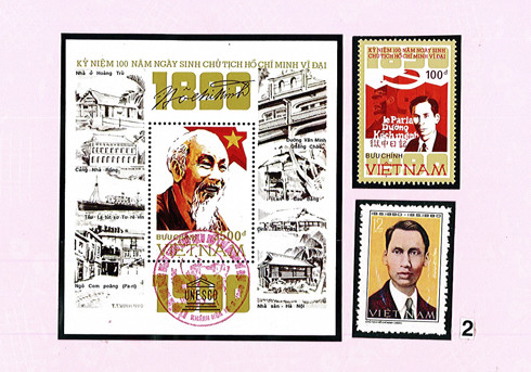 Tem khối kỷ niệm 100 năm ngày sinh Chủ tịch Hồ Chí Minh.  Mẫu tem “Đường Kách mệnh”. Mẫu tem chân dung  lãnh tụ Nguyễn Ái Quốc năm 1924