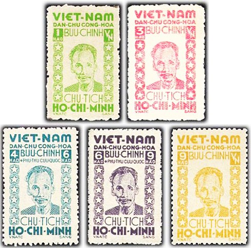 5 mẫu tem đầu tiên của nước Việt Nam  Dân chủ cộng hòa phát hành ngày 27-8-1946