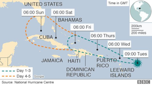 Cập nhật đường đi dự kiến của siêu bão Irma. (Ảnh: BBC)