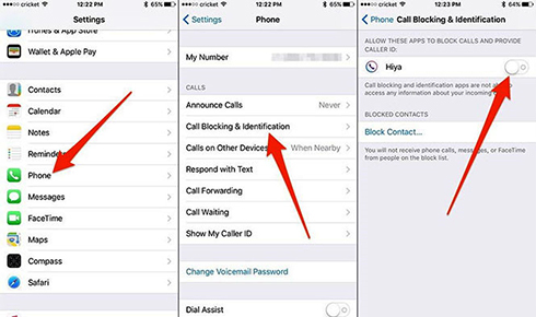 Cấp phép quyền chặn cuộc gọi cho ứng dụng Hiya trong phần thiết lập của iPhone