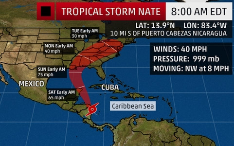 Hướng di chuyển của bão Nate. Ảnh: CBS