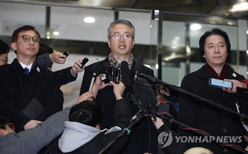 Quan chức Hàn Quốc phát biểu trước khi tham gia cuộc đối thoại với phía Triều Tiên. Ảnh: Yonhap