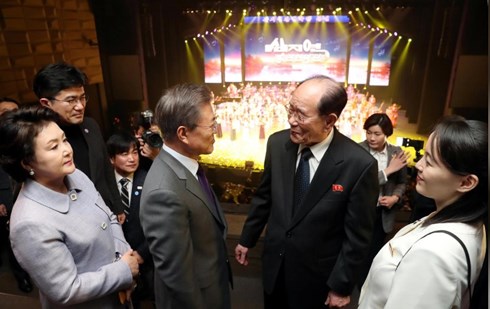Tổng thống Hàn Quốc gặp Chủ tịch Đoàn Chủ tịch hội đồng nhân dân tối cao (Quốc hội) Triều Tiên ông Kim Yong-nam và em gái, đặc phái viên của nhà lãnh đạo Triều Tiên, bà Kim Yo Jong. Ảnh: Reuters