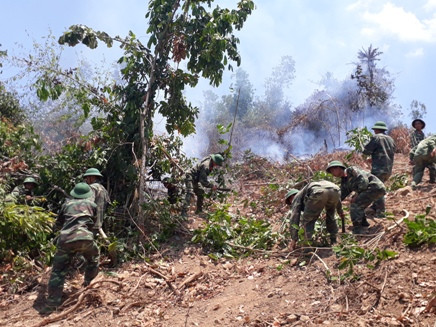 Lực lượng Tiểu đoàn 460 tham gia khống chế đám cháy.