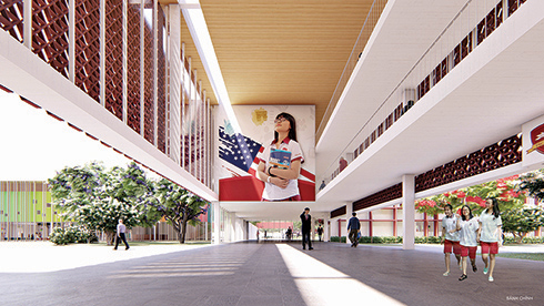 Sảnh trung tâm của iSchool Quảng Trị là đại sảnh trường học lớn nhất Việt Nam