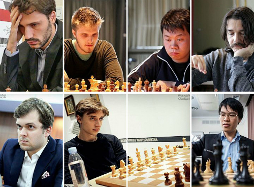 Hàng trên, trái qua phải: Cheparinov, Rapport, Wang, Alexander Morozevich. Hàng dưới, trái qua phải: Fedoseev, Daniil Dubov, Quang Liêm. Ảnh: ADCF.