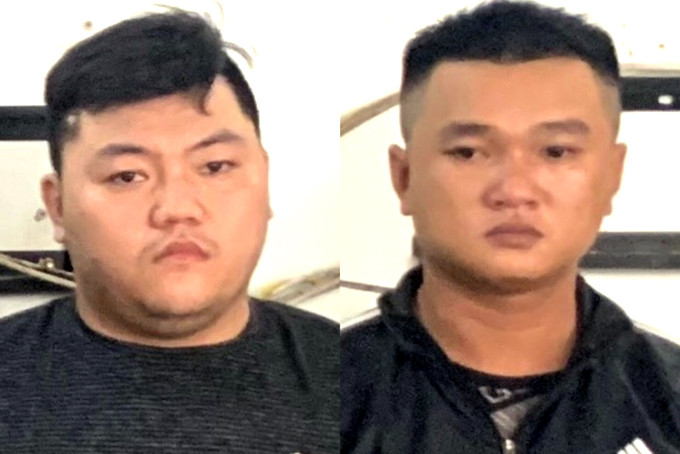 Các đối tượng (từ phải qua): Trần Nguyên Tuấn, Nguyễn Thắng  tại cơ quan điều tra. 