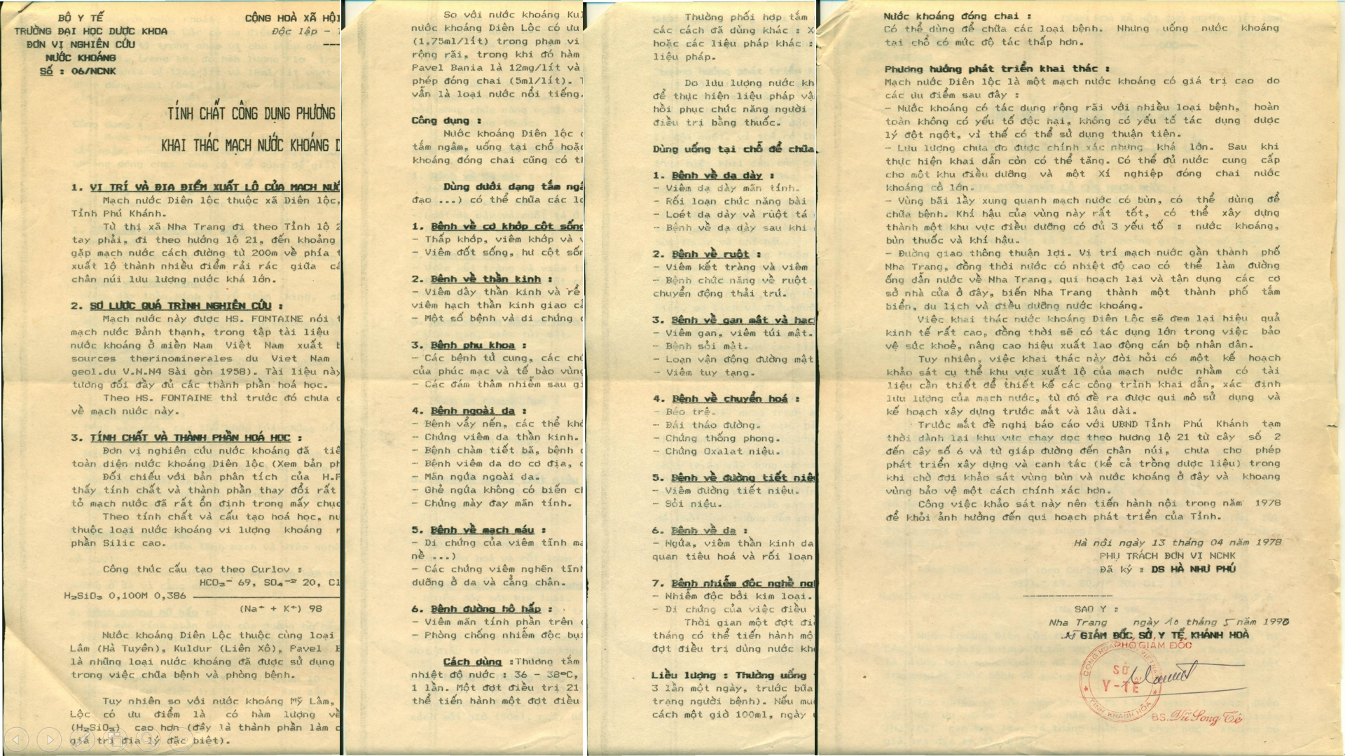 Tư liệu nghiên cứu về công dụng của nước khoáng Đảnh Thạnh của Trường Đại học Dược khoa.