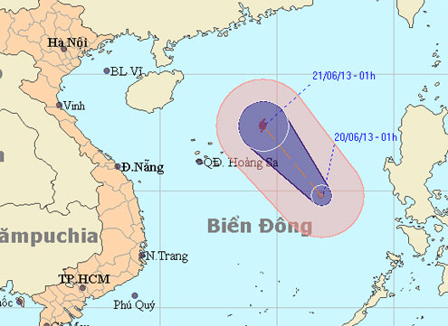Dự báo đường đi và khu vực ảnh hưởng của áp thấp nhiệt đới. Ảnh: NCHMF.