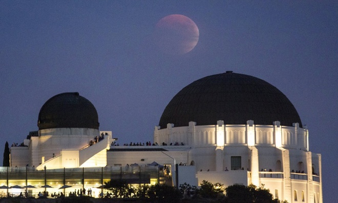 Siêu trăng đỏ xuất hiện mờ ảo phía trên trạm thiên văn Griffin Park ở Los Angeles, California, Mỹ. Ảnh: Reuters