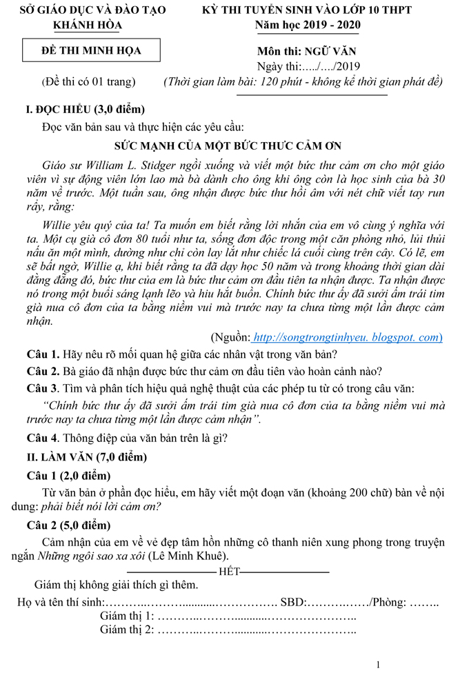 Đề thi minh họa vào lớp 10 tại Khánh Hòa