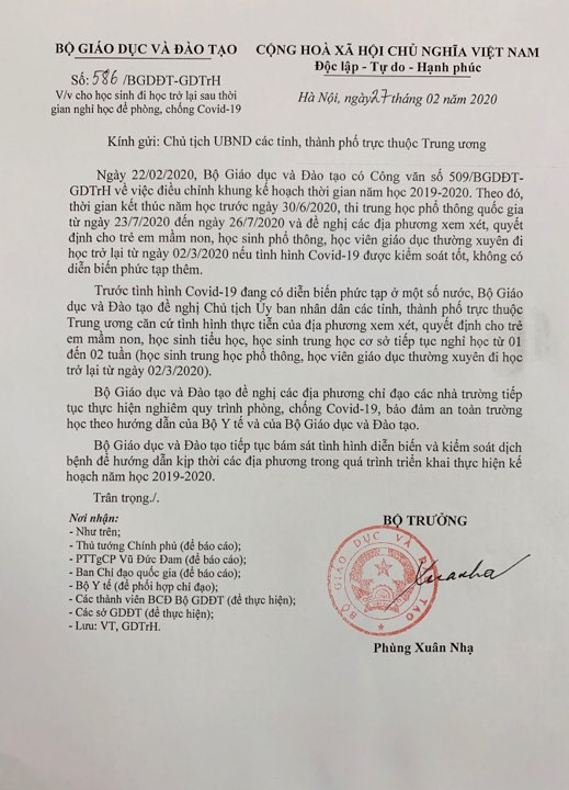 Bộ Giáo dục và Đào tạo: Đề nghị các tỉnh cho học sinh mầm non, tiểu học, THCS nghỉ thêm từ 1 đến 2 tuần