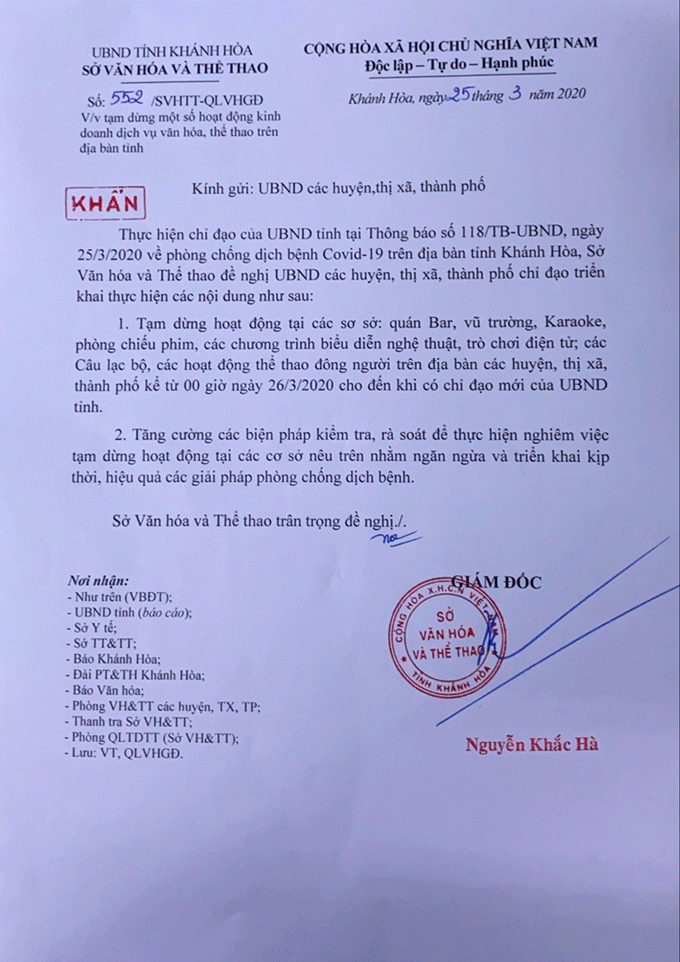 Tạm dừng hoạt động các quán bar, karaoke, vũ trường, phòng chiếu phim
