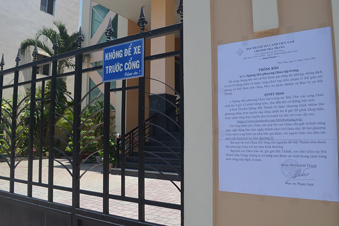 Hội Thánh Tin lành Chi hội Nha Trang cũng thông báo ngừng tập trung tại Nhà thờ vào sáng Chủ nhật hàng tuần.