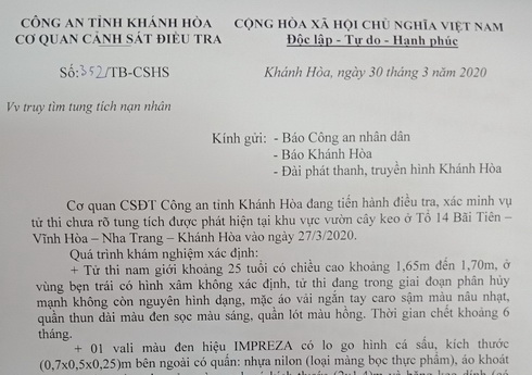 Thông báo truy tìm tung tích nạn nhân của Công an Khánh Hòa