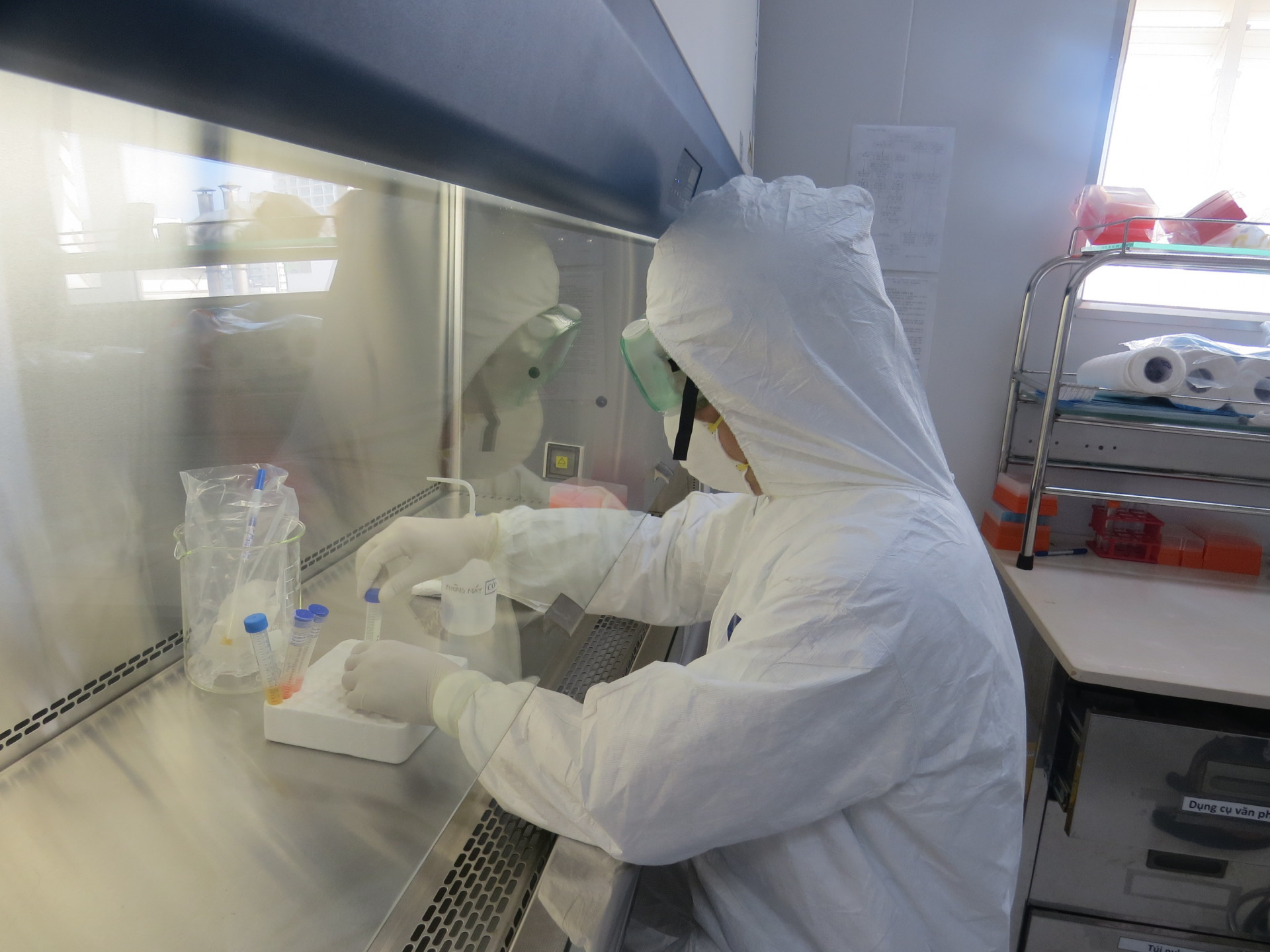 Thực hiện công đoạn xét nghiệm vi rút Sars-Cov-2 tại Viện Pasteur Nha Trang