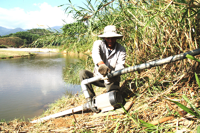 Nông dân xã Sơn Bình lắp đặt máy bơm, đưa nước từ sông Tô Hạp lên tưới cho cây ăn quả.