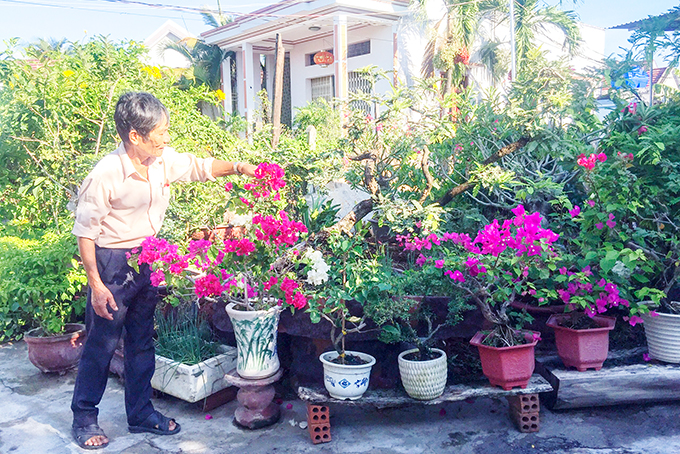 Ông Phùng chăm sóc vườn hoa, cây cảnh của gia đình.